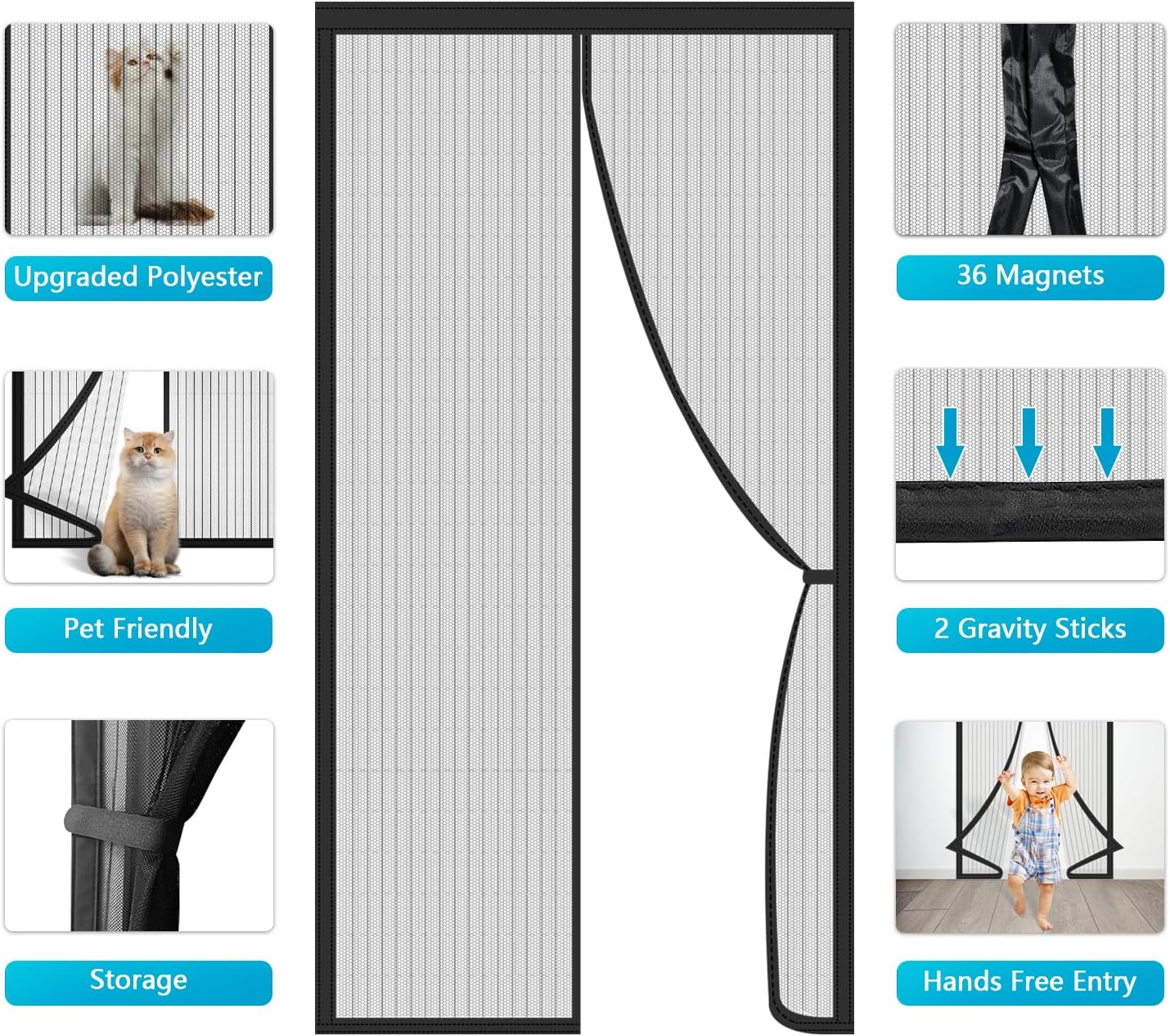 Thumbnail 2 de Magnetic Bug Mesh Door Fly Screen Curtain for Patio Doors (90 × 210cm) with Power Magnets
