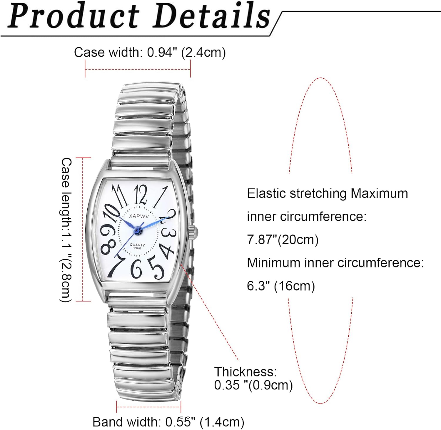 Detalle de Avaner Uhren Damen Rechteckig Stretchband – Elastische Armbanduhr mit Großziffern