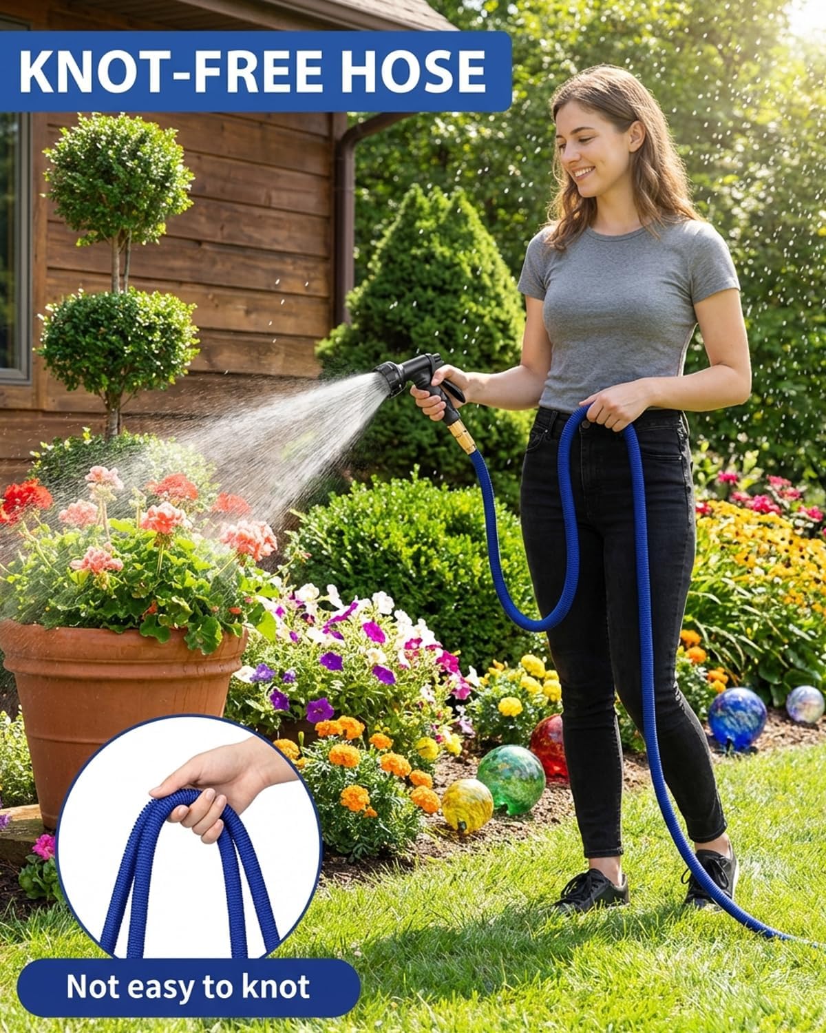 Detalle 2 de Expandable Garden Hose Pipe 100FT/30M with 10-Function Nozzle, 4-Layer Latex, 3/4" & 1/2" Fittings, 3750D Fabric