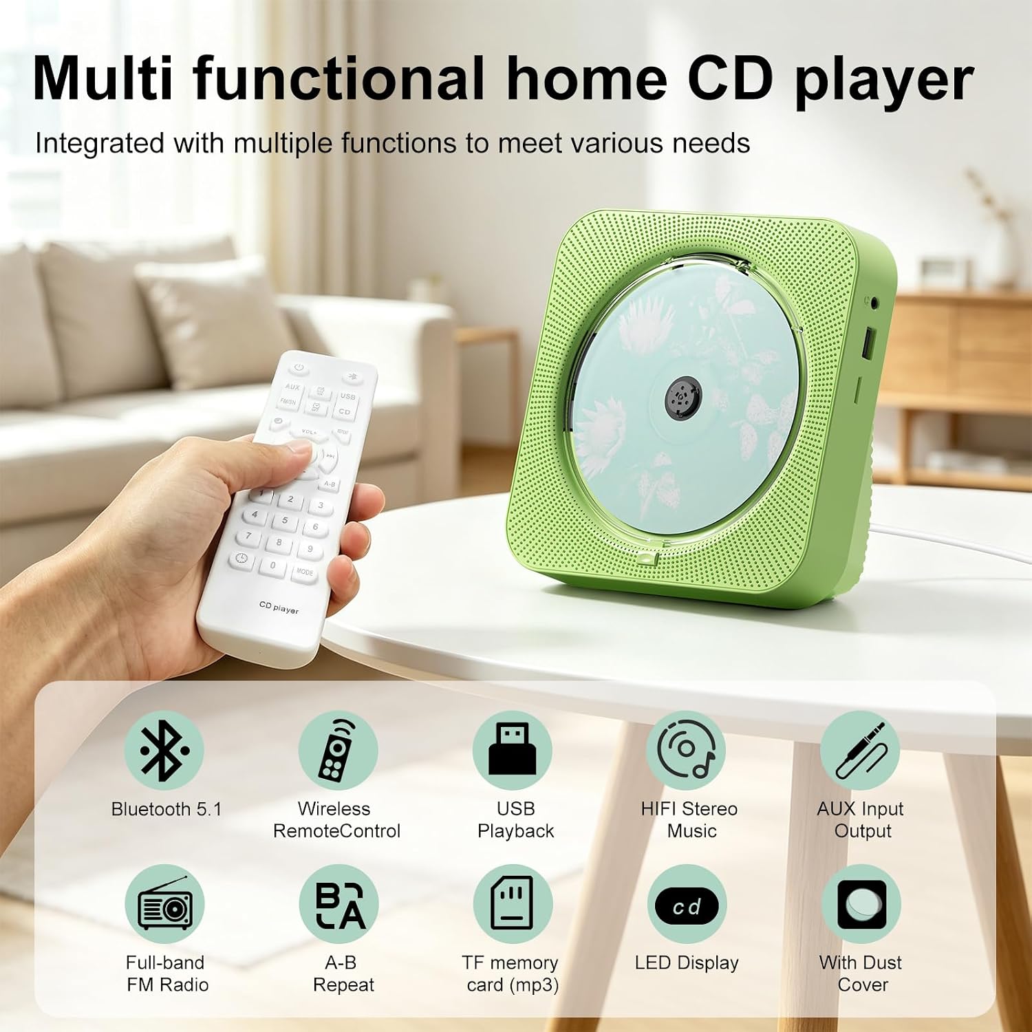 Thumbnail 5 de ZYOKATA Desktop CD Player with Bluetooth 5.1, Stereo Speakers, FM Radio, Green