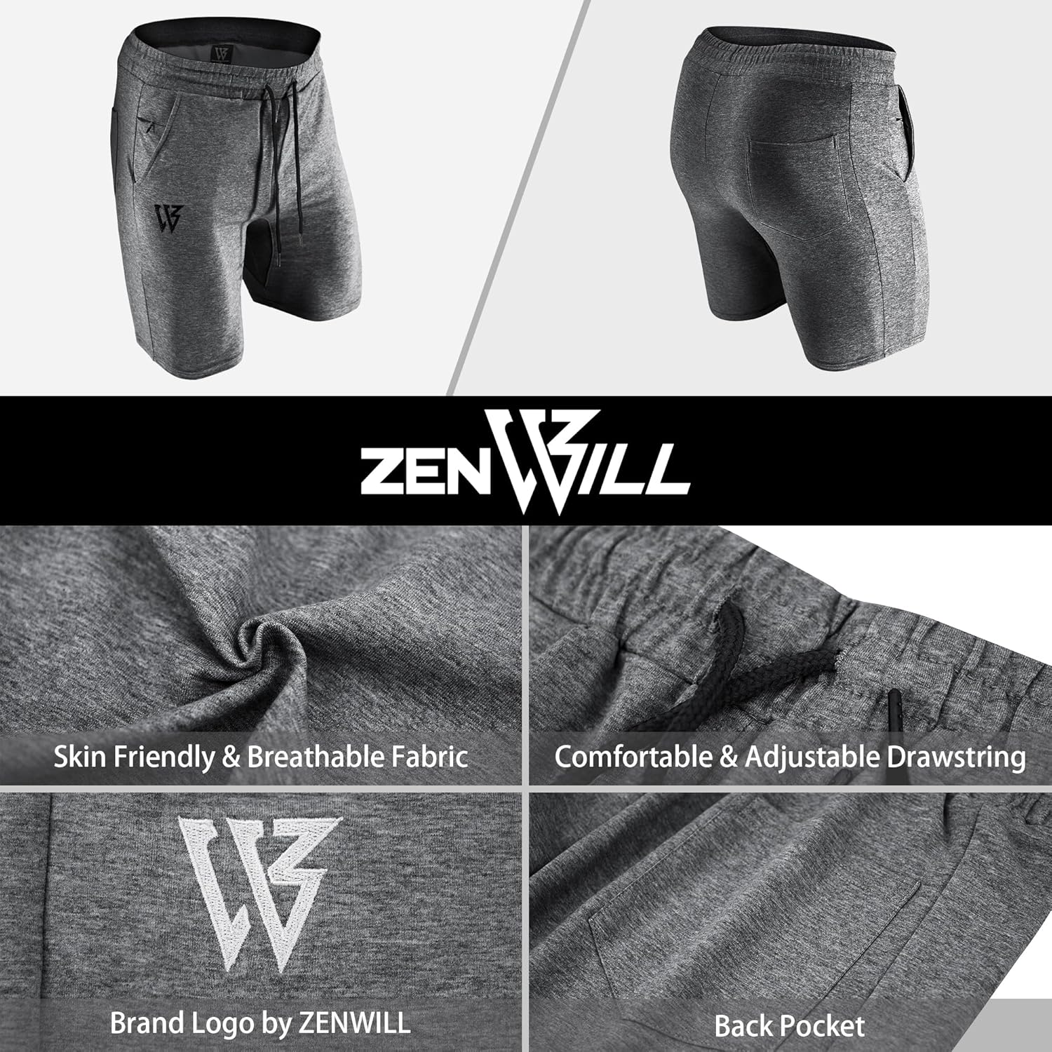 Thumbnail 4 de ZENWILL men’s cotton gym shorts with zip pockets and drawstring