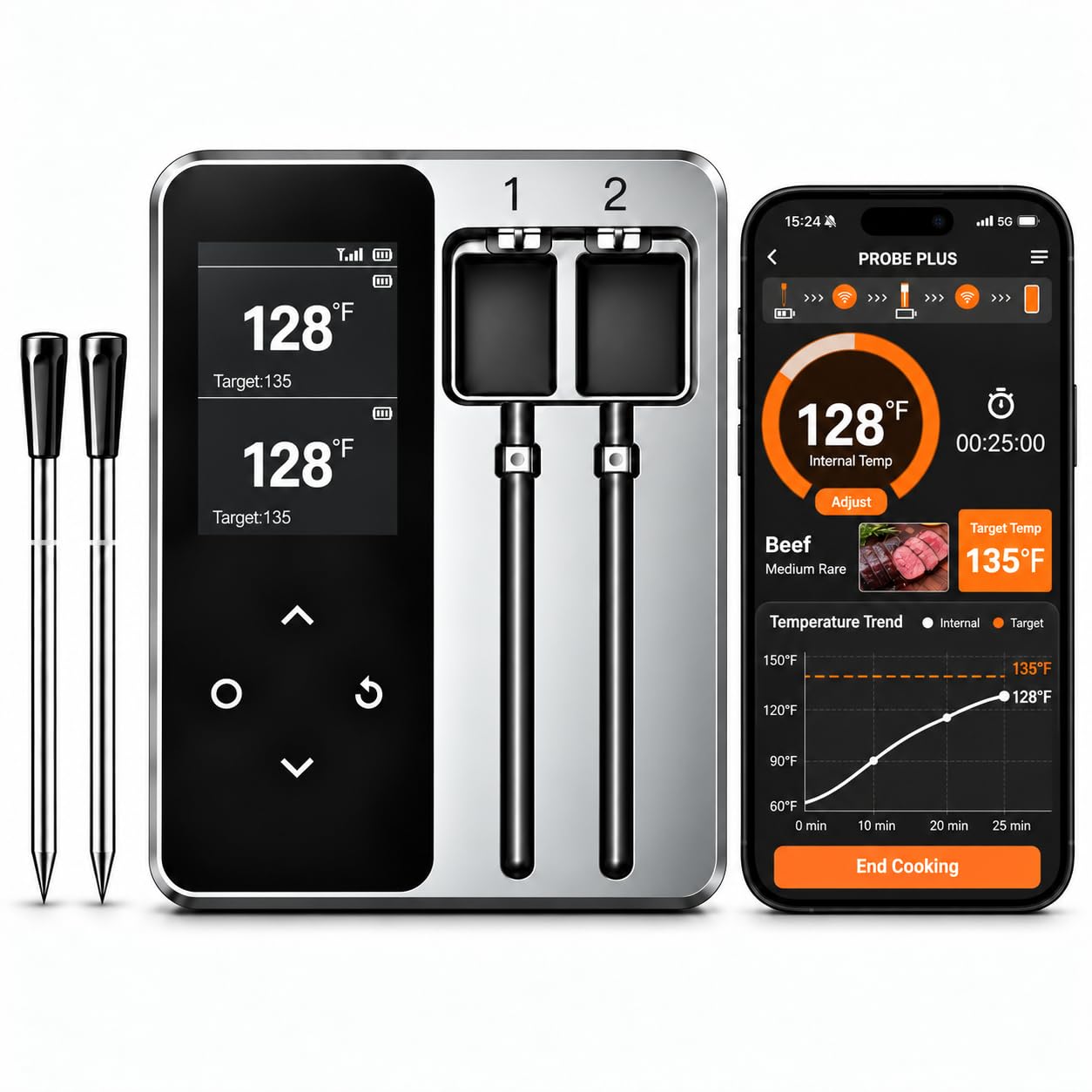 Detalle de JoyBear FM200 Wireless Meat Thermometer with 2 Probes and Smart Base
