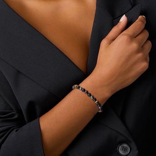 Detalle de ESPVO Schwarzer Turmalin Tigerauge Hämatit Armband – Naturstein Perlen, 18,5 cm