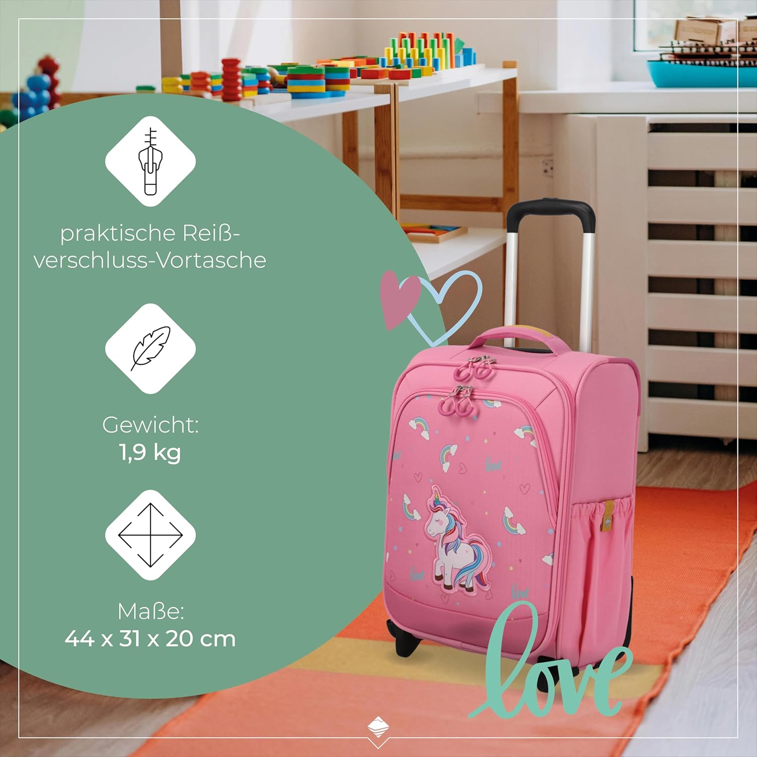 Detalle de travelite MINIMOVER Kinderkoffer mit 2 Rollen (Handgepäck) – 44 cm, 1,9 kg, recyceltes Polyester