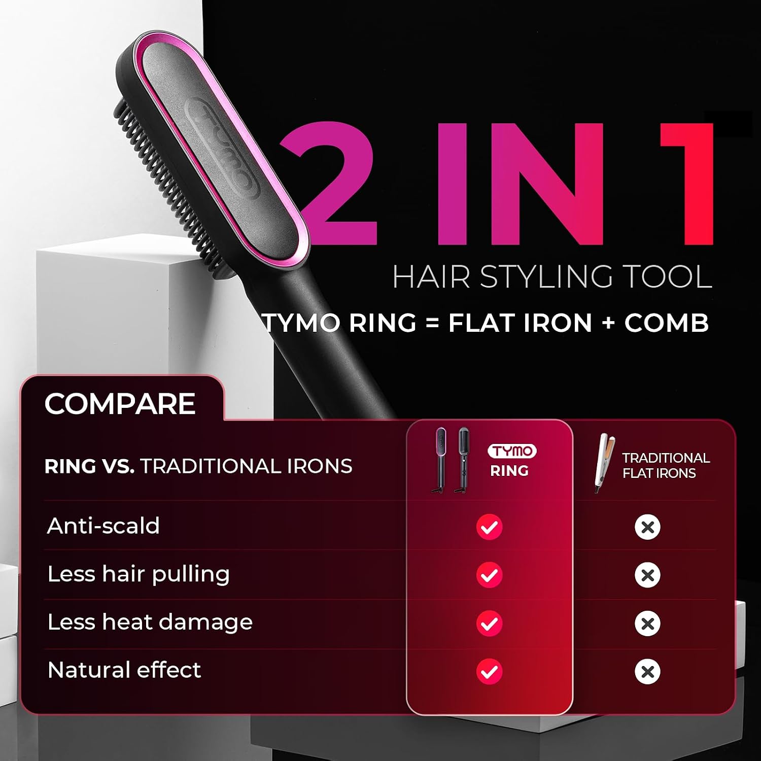 Detalle de TYMO RING HC100 Hair Straightening Brush, 5 Heat Settings, Ceramic Tourmaline