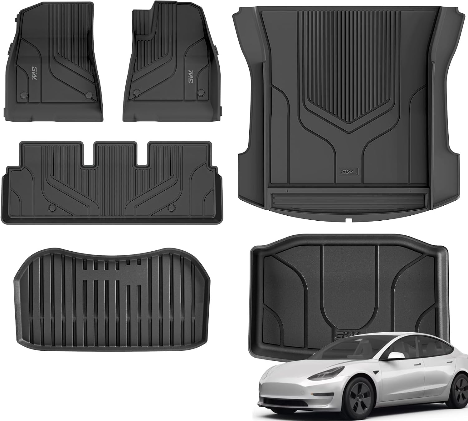 3W All-Weather Floor Mats & Boot Liner for Tesla Model 3 (2021–2023) – Odorless TPE, 6‑Piece Set