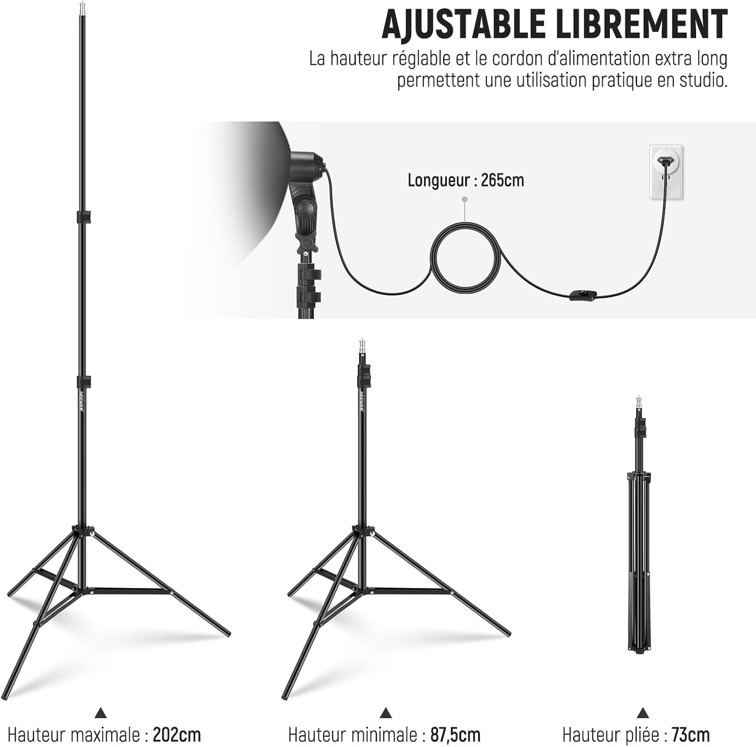 Thumbnail 5 de Kit d’éclairage NEEWER NK300 : softbox 60x60 cm, ampoule LED 5700K E27 et support 210 cm