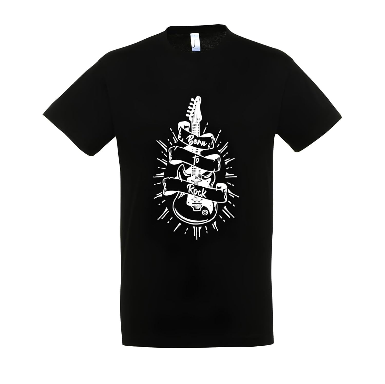Detalle de T-shirt in cotone “Born to Rock” con stampa, con bottoncini sulla spalla (bambino, nero, 6m-18m e adulti)