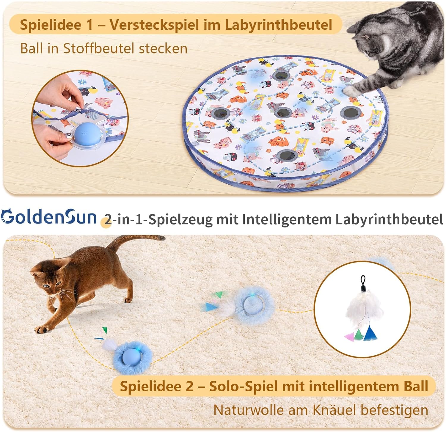 Thumbnail 1 de GoldenSun Katzenspielzeug Bewegungs-Zwitscher-aktivierter Ball mit 5-Loch-Versteckspiel (blau)
