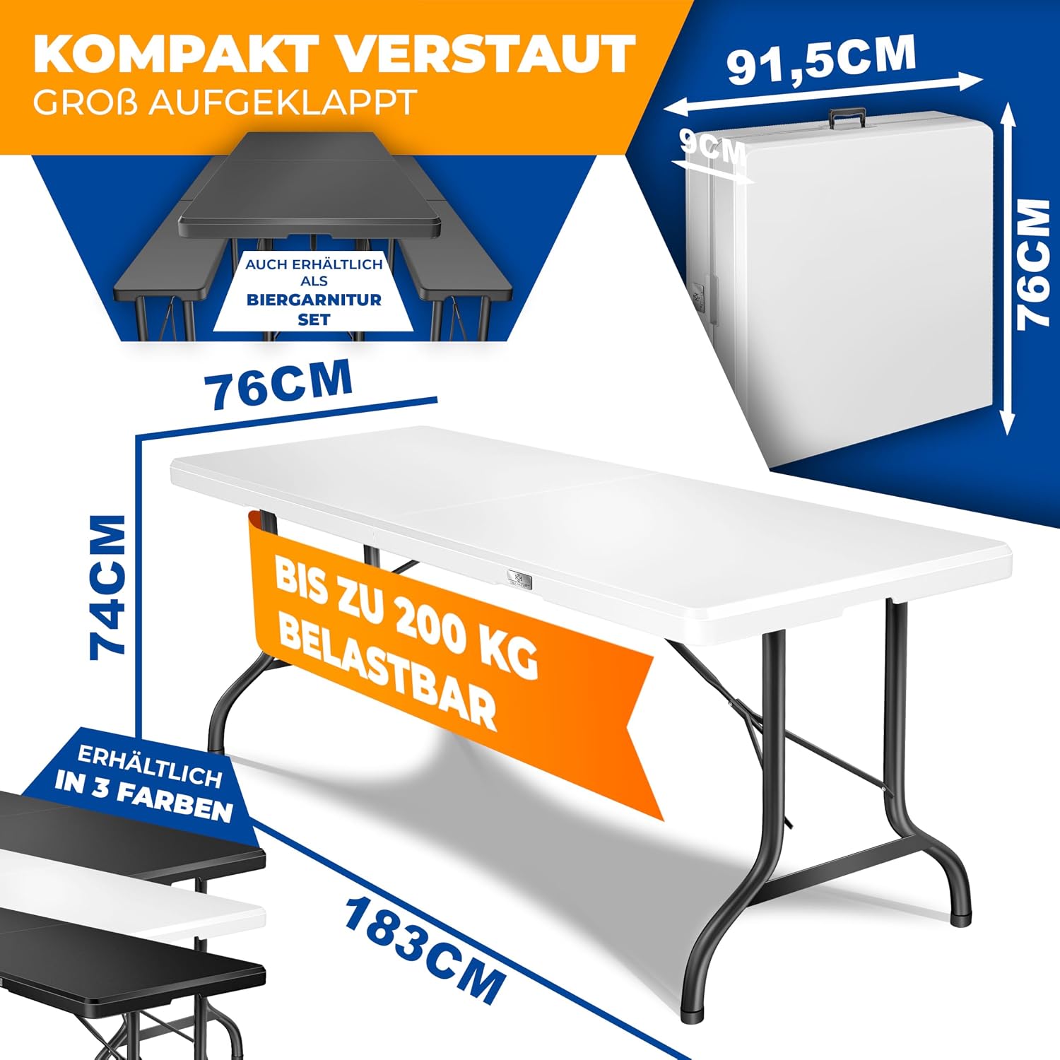 Detalle 2 de KESSER® Buffettisch klappbar aus Kunststoff (183 x 76 cm) – Campingtisch & Partytisch für bis zu 6 Personen, inkl. Cover & Tragegriff
