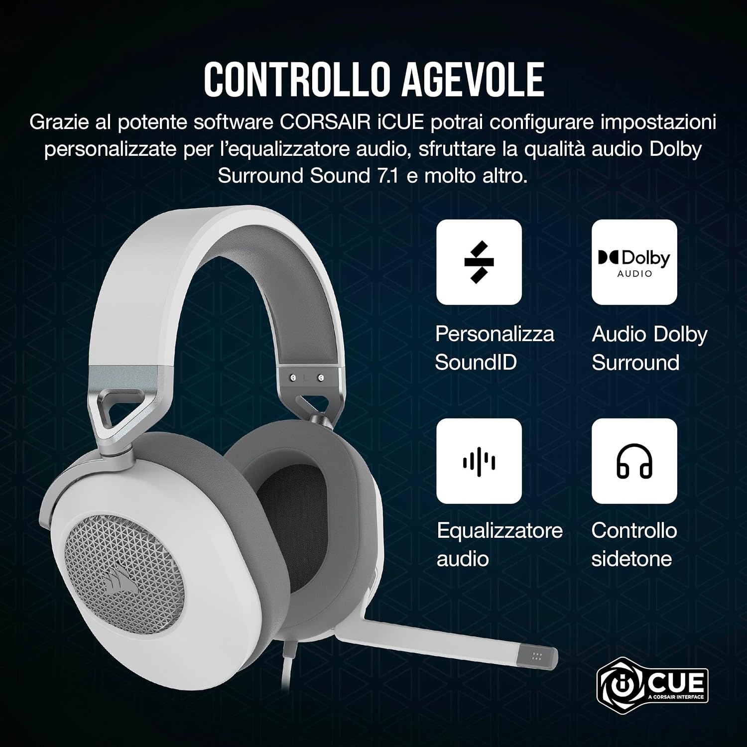 Thumbnail 6 de Corsair HS65 Surround: cuffie gaming cablate multi‑piattaforma 7.1, bianco