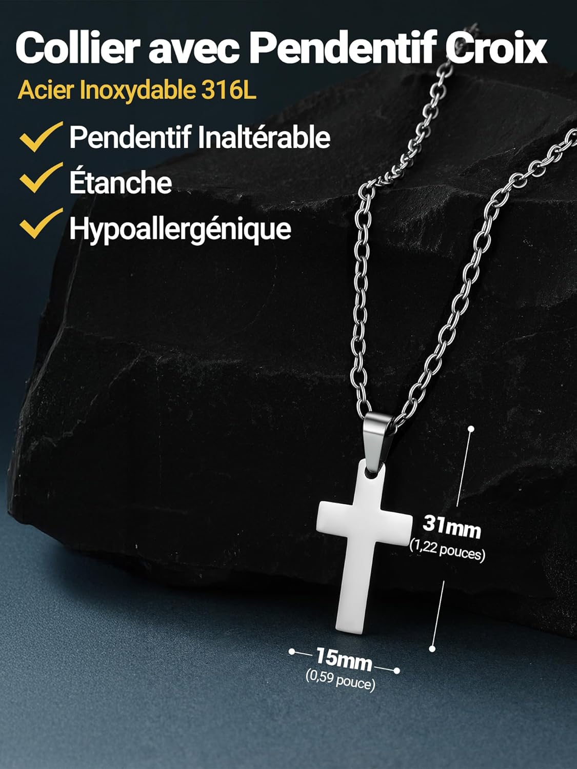 Thumbnail 2 de PROSTEEL Collier croix chrétienne homme en acier inoxydable, pendentif personnalisable