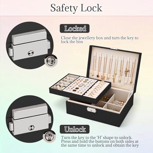 Detalle de Eucomir Joyeros Mujer: Joyero de Viaje 2 Capas en Cuero PU Negro, Organizador de Joyas