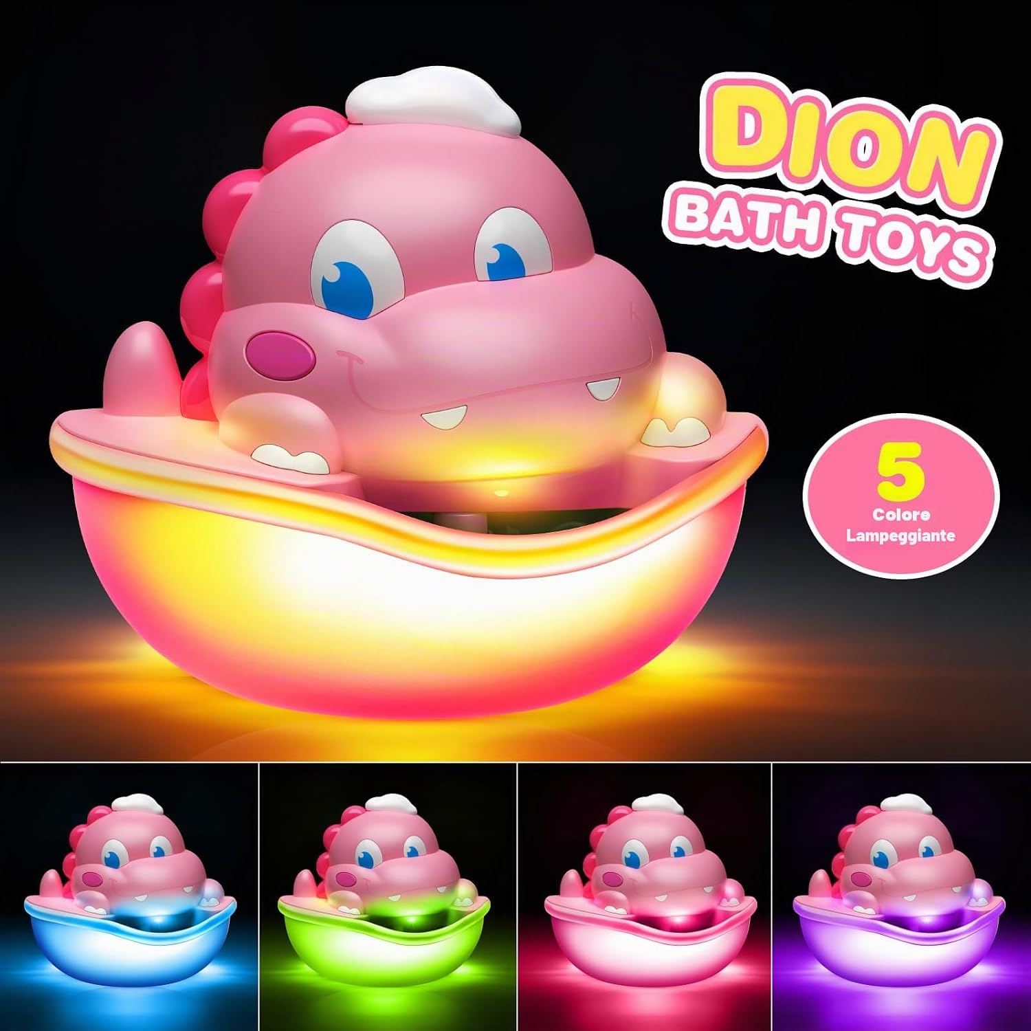 Thumbnail 6 de Adeokay Dinosauro: Macchina per bolle per vasca con luci LED rosa, 250 ml, giocattolo sicuro per bambini 1–4 anni
