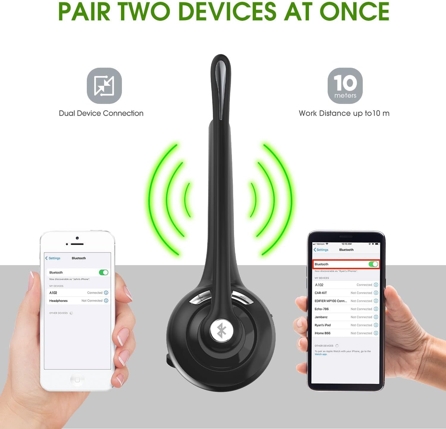 Detalle de voijump Bluetooth Headset with Microphone, V5.1 – On-Ear Wireless Headphones for Office, Call Centres and Travel