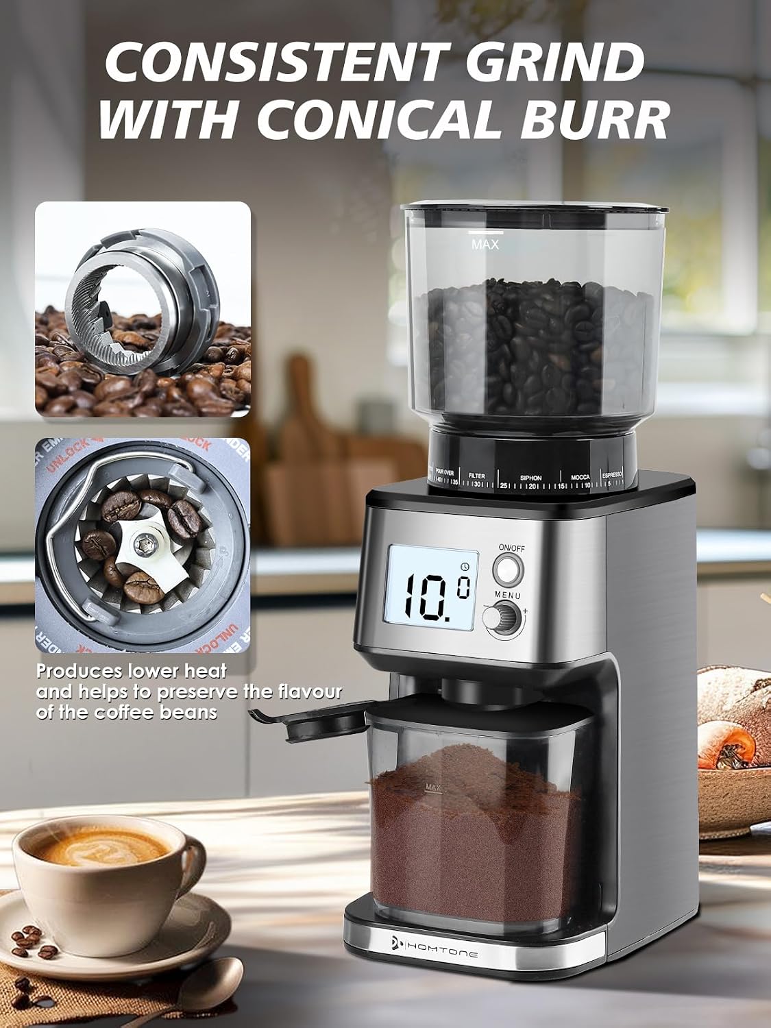 Thumbnail 6 de Homtone elektrisk kaffekvarn med 40 mm koniskt malverk och 51 inställningar