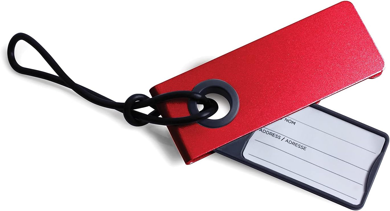 Lexon NEO LUGGAGE TAG : étiquette de bagages en aluminium avec lanière en gomme (alu/rouge)