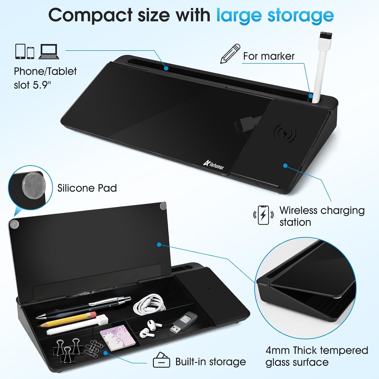 Detalle 1 de Varhomax VDS-WB-24 Glass Desk Whiteboard with Wireless Charging and Storage