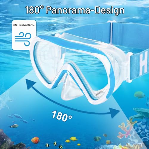 Detalle de HIKOTEY Kinder Taucherbrille mit Stoffband – 180° Panorama, Anti-Nebel und Anti-Leck