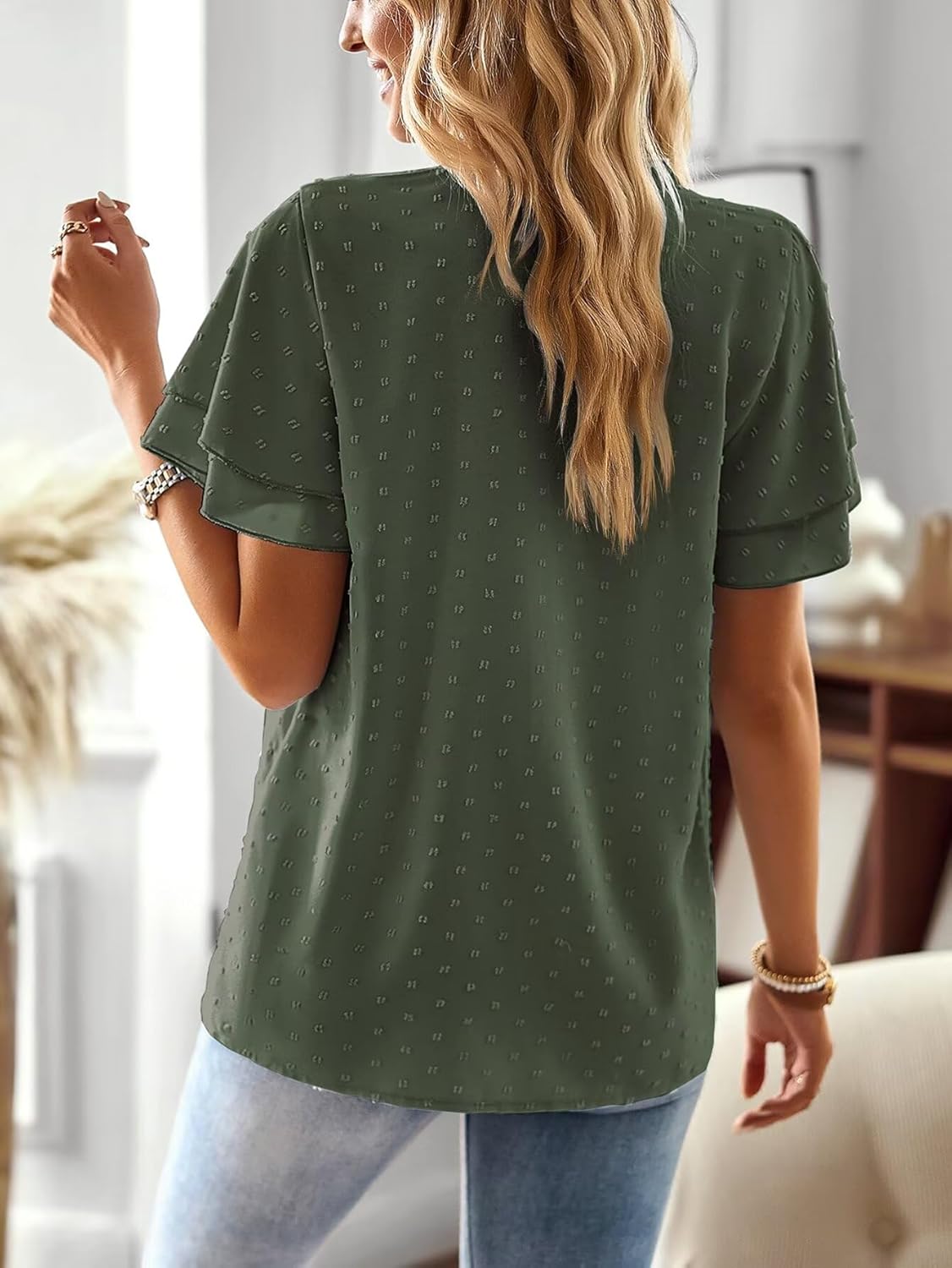 Thumbnail 2 de Falechay Womens Butterfly Sleeve V-Neck Swiss Dot Ruffle Blouse