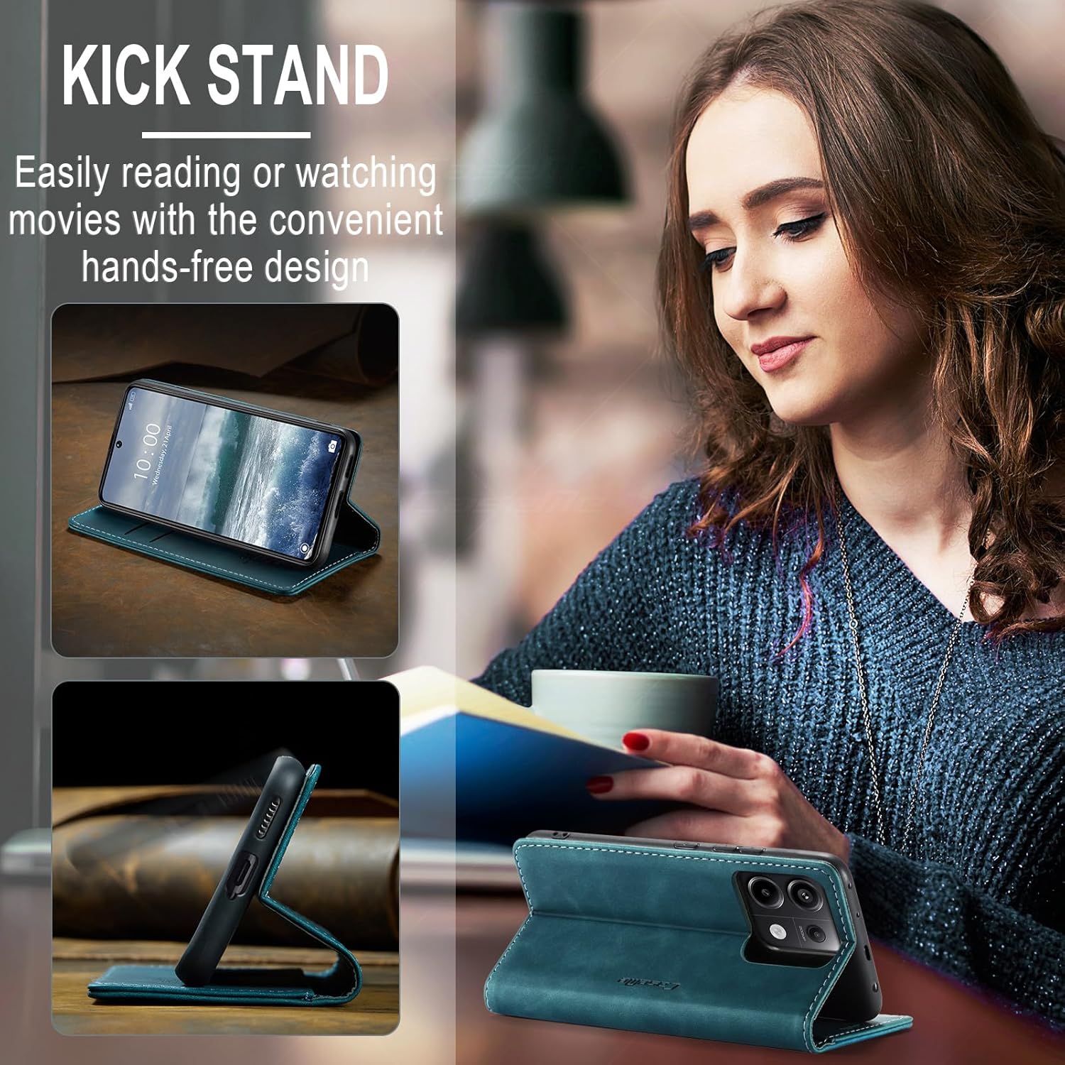 Thumbnail 3 de Handyhülle im Flip-Case-Stil für Xiaomi Redmi Note 13 Pro 5G & Poco X6 5G (PU Leder/TPU) – Kartenfach, Standfunktion, Blaugrün