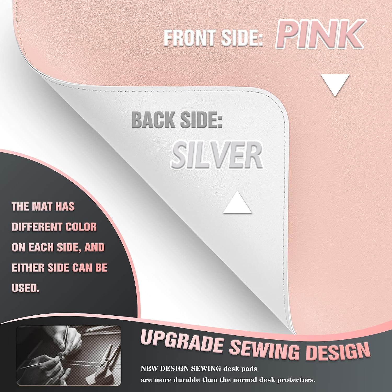 Detalle de K KNODEL FXK Large Sewing Desk Mat, PVC Faux Leather, Pink/Silver