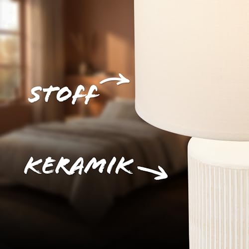 Detalle de BRILONER Tischlampe mit Stoffschirm und Keramikfuß – 22 x 37,5 cm, Weiß