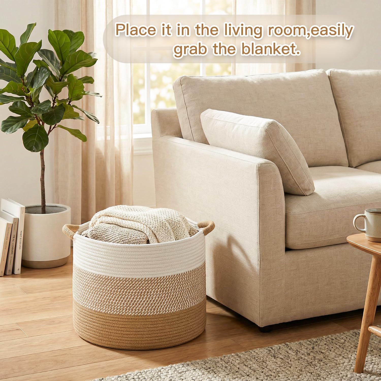 Detalle 2 de Artfeel 70L Cotton Rope Basket, Brown Woven Storage for Blankets and Toys
