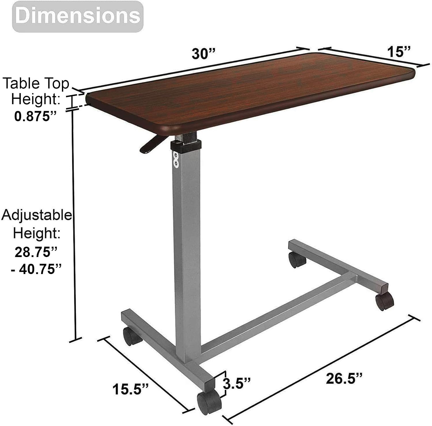 Thumbnail 2 de Vaunn Medical Cart Pneumatic Adjustable Overbed Table with Wheels
