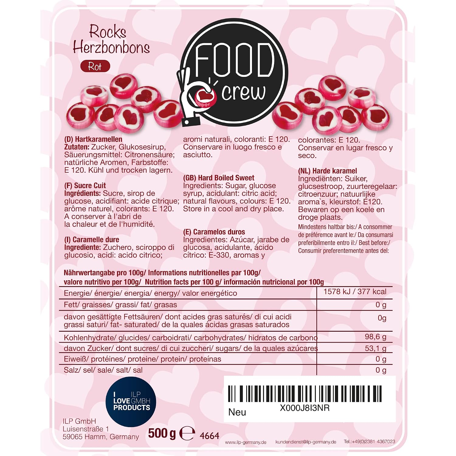 Detalle de Rote Herzbonbons FOOD crew 500 g, einzeln verpackt – Herzbonbons für Candy Bar & Gastgeschenke