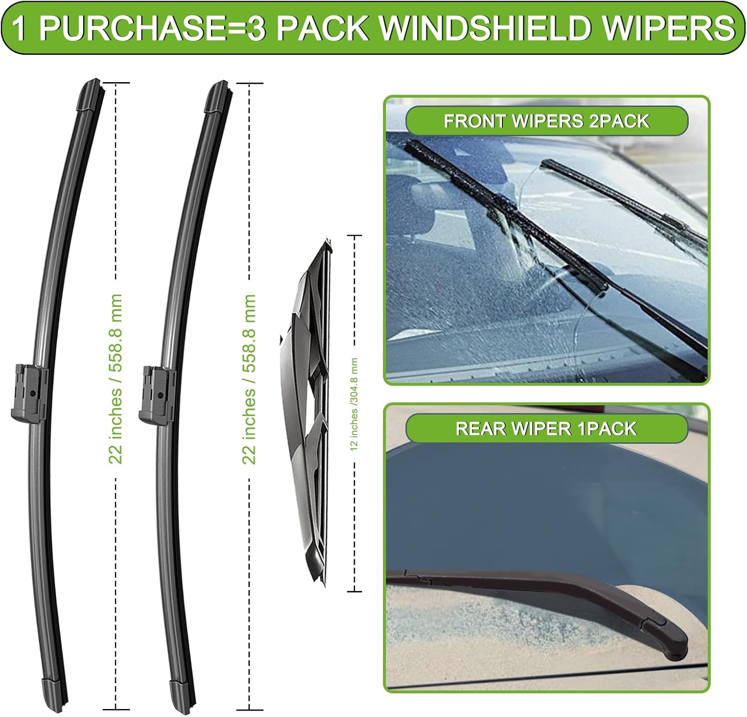 Thumbnail 2 de PARRATI Windshield Wipers for 2007-2014 Chevrolet Tahoe (Front 22"+22", Rear 12") – OEM Replacement Set of 3
