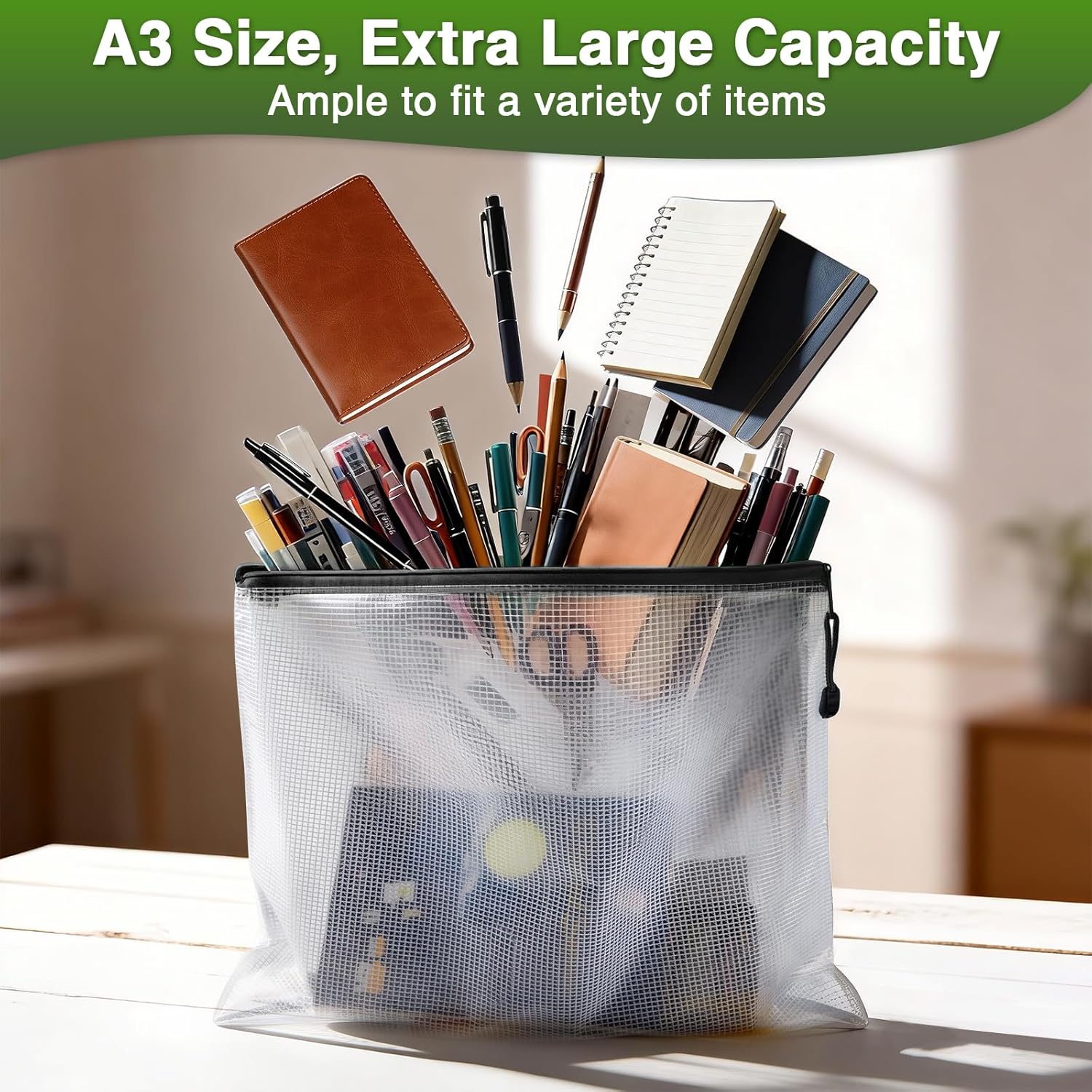 Detalle 2 de Umriox A3 Black Mesh Zipper Bags, 24-Pack for Documents and Files