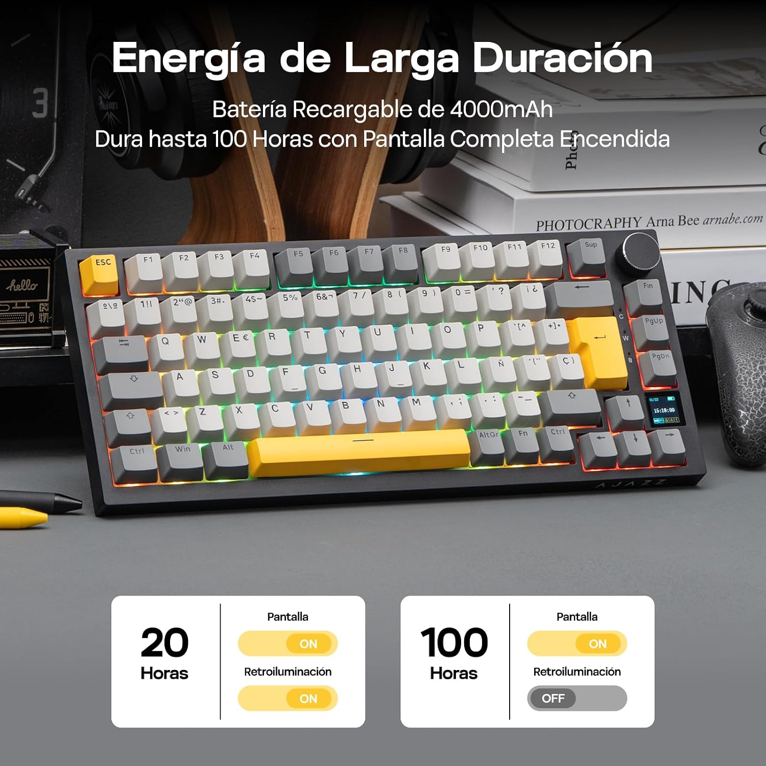 Detalle 2 de EPOMAKER Ajazz AK820 Pro ISO-ES: Teclado Mecánico Inalámbrico 75% con Pantalla TFT, Perilla y RGB para PC/Mac