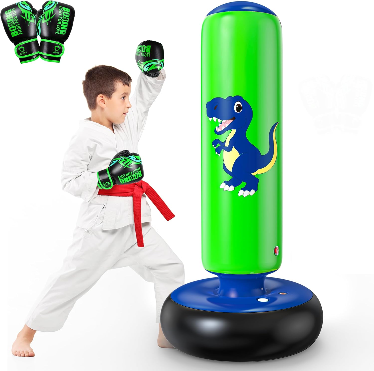 QPAU Inflatable Kids Punching Bag (66 inch) with Dinosaur Boxing Gloves – training toy for ages 3–8
