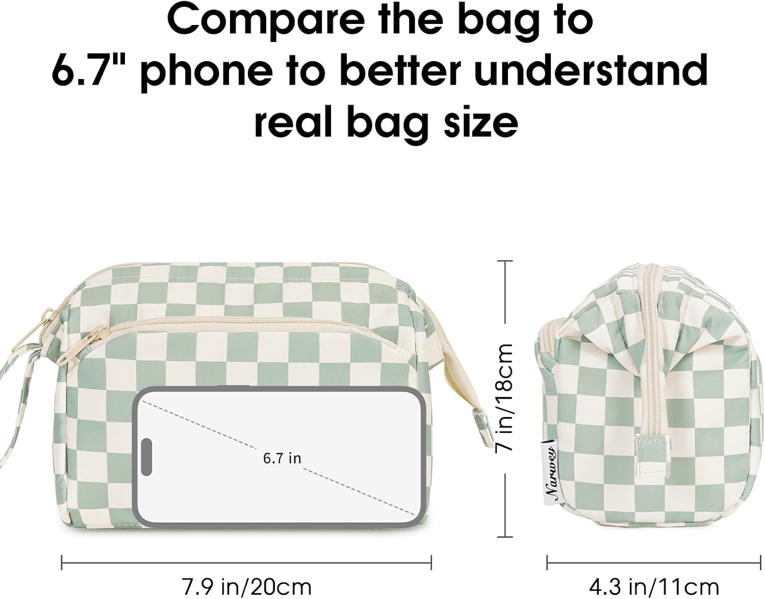 Thumbnail 4 de Narwey Large Makeup Bag Wide-Open Zipper Pouch (Mint Green Checkerboard)