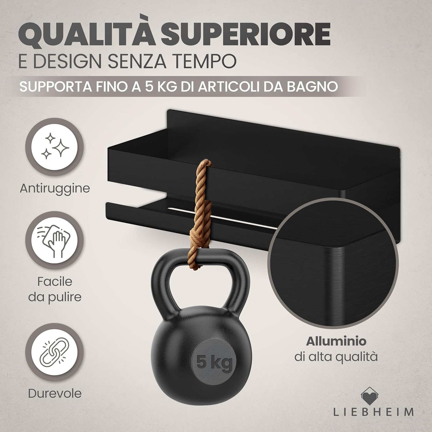 Thumbnail 2 de LIEBHEIM porta sapone da doccia con mensola adesiva in alluminio nero