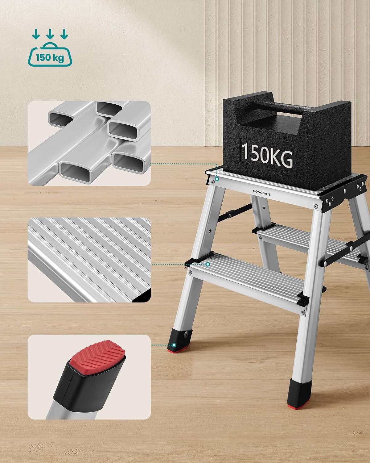 Detalle de SONGMICS UGLT012E01V1 2-Step Folding Aluminium Step Stool, 150 kg