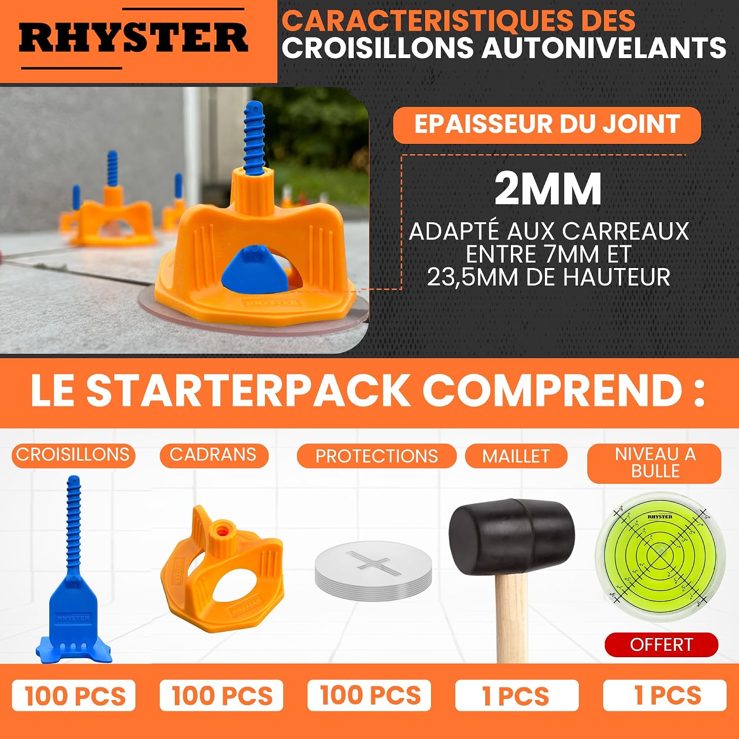 Detalle de RHYSTER Kit Croisillons Autonivelants 2 mm – Starter Pack (302 unités) pour Pose Carrelage