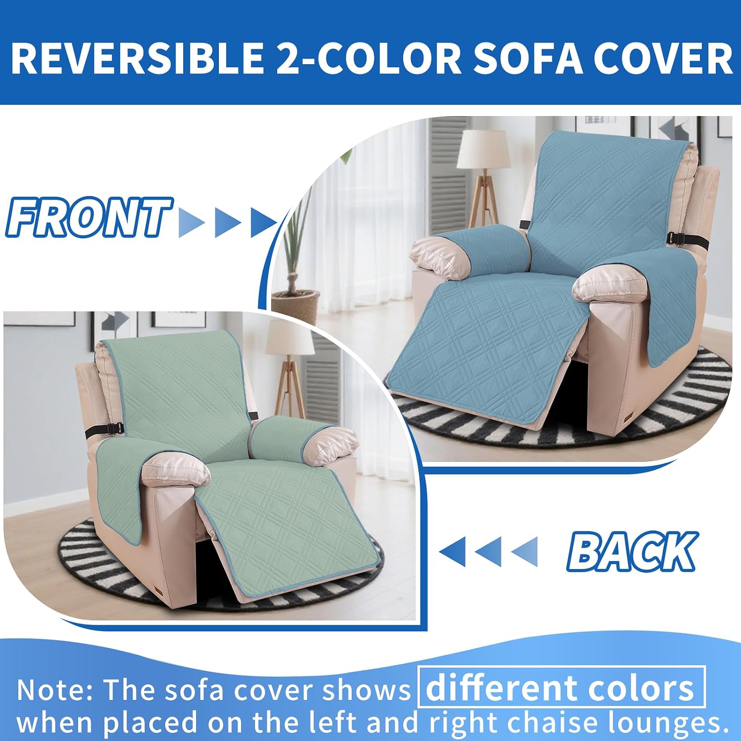 Detalle 2 de Ystyle copripoltrona Relax Reclinabile reversibile universale (1 posto grande) blu chiaro + verde chiaro