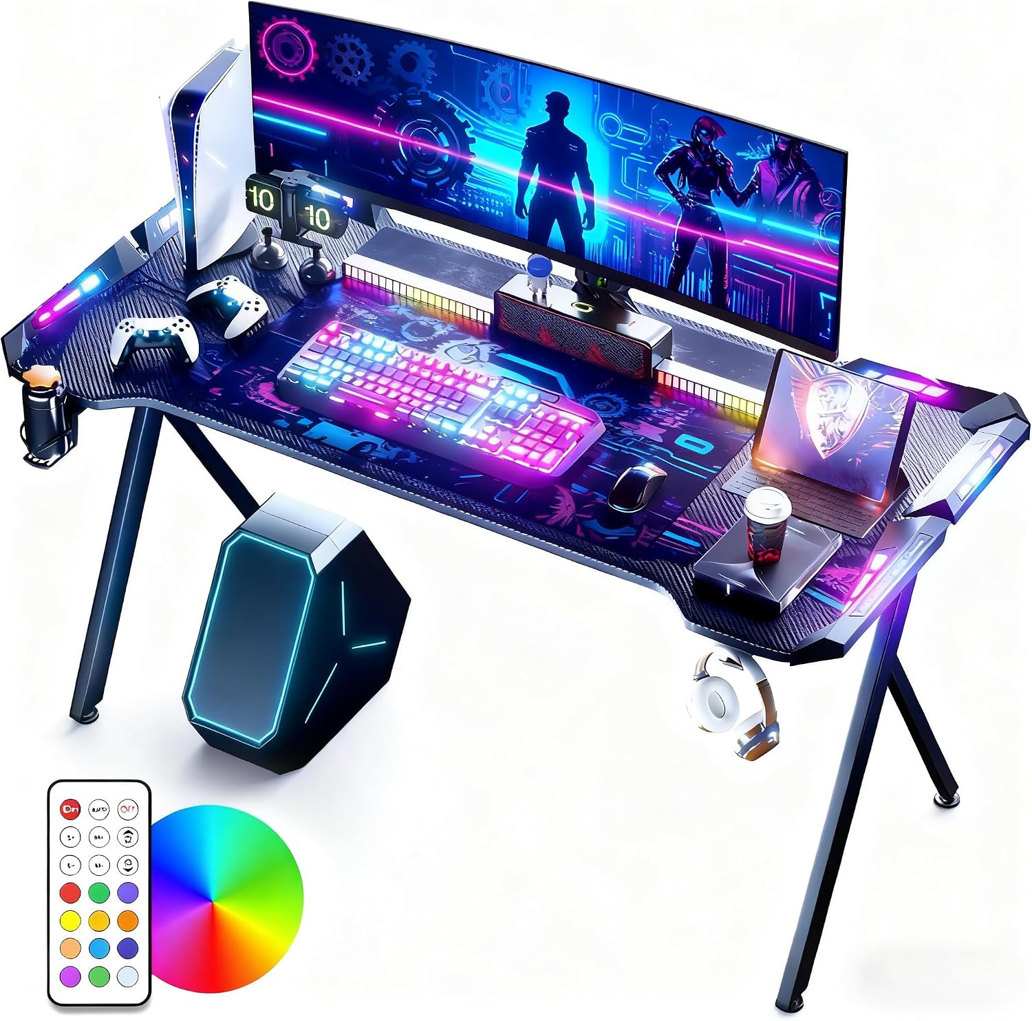 Detalle de LZQ Computertische Gaming Desk, 120 x 60 cm, RGB Lighting, Carbon Fibre Surface