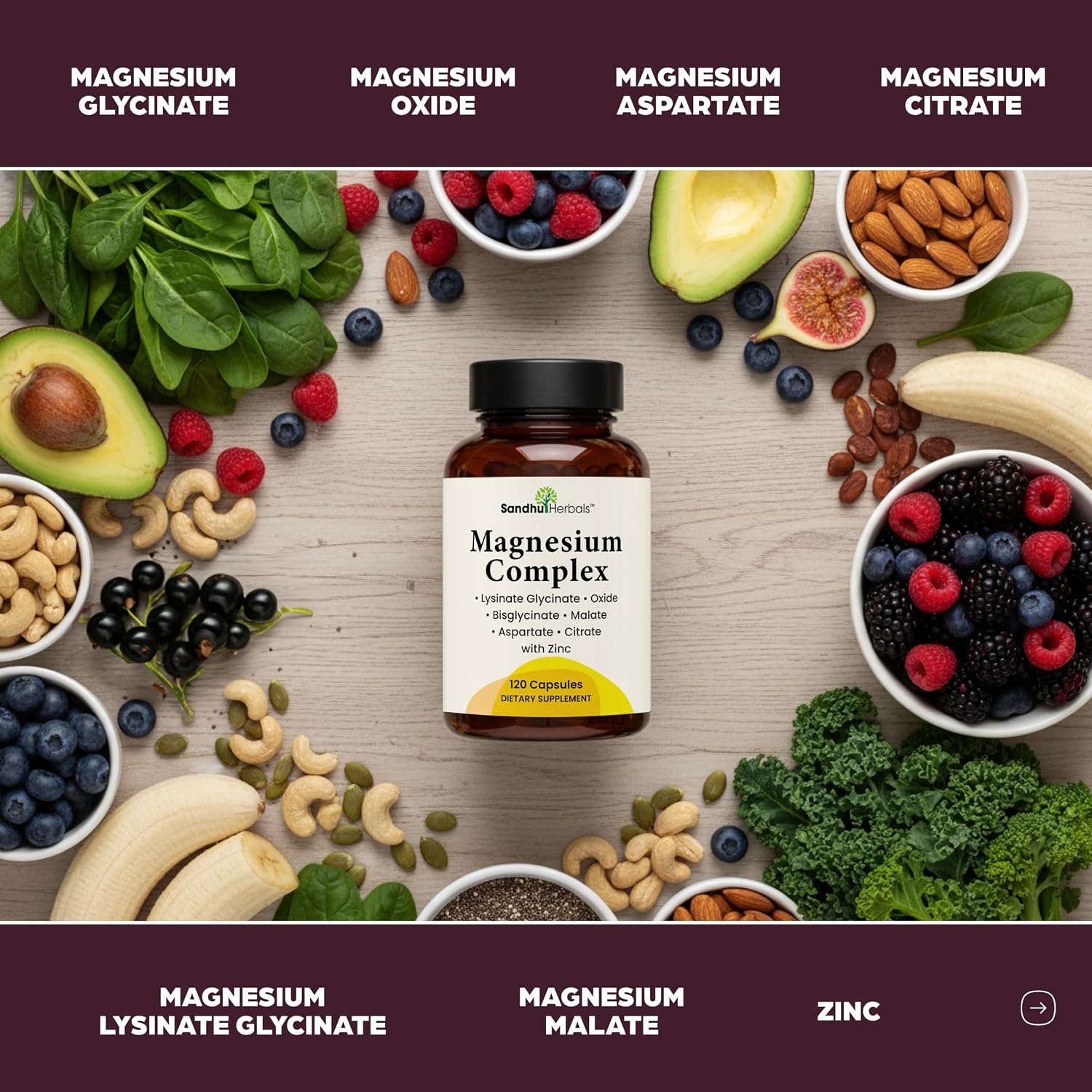 Detalle de SANDHUHERBALS Magnesium Complex 500mg, 120 Capsules with Zinc