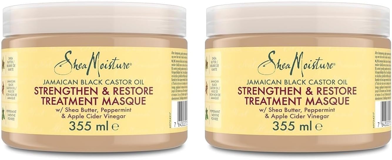 Detalle de SheaMoisture Maschera Strengthen & Restore (355 ml) per capelli trattati, sfibrati e ricci