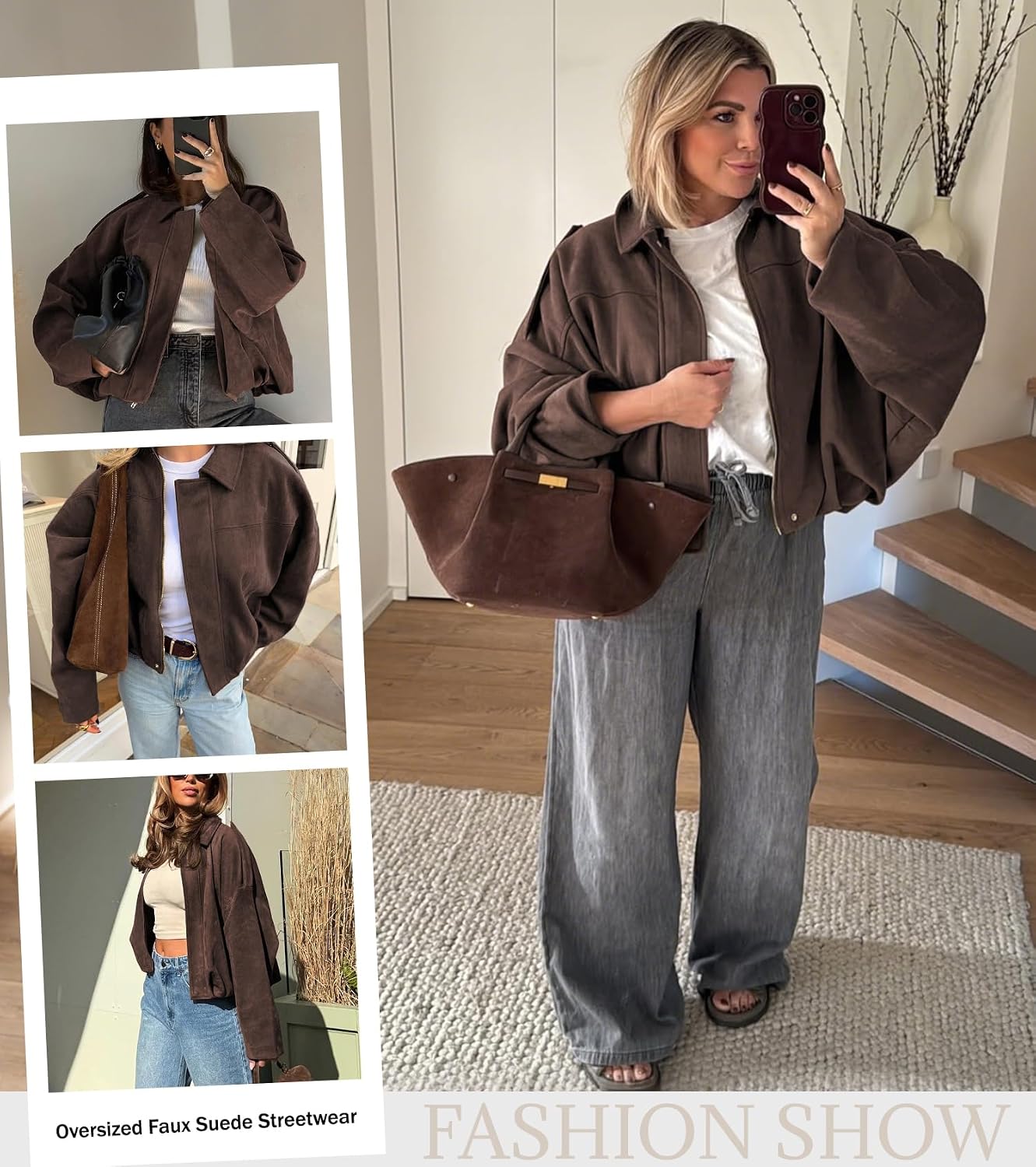 Detalle 2 de Bnigung Women's Faux Suede Cropped Bomber Jacket with Batwing Sleeves