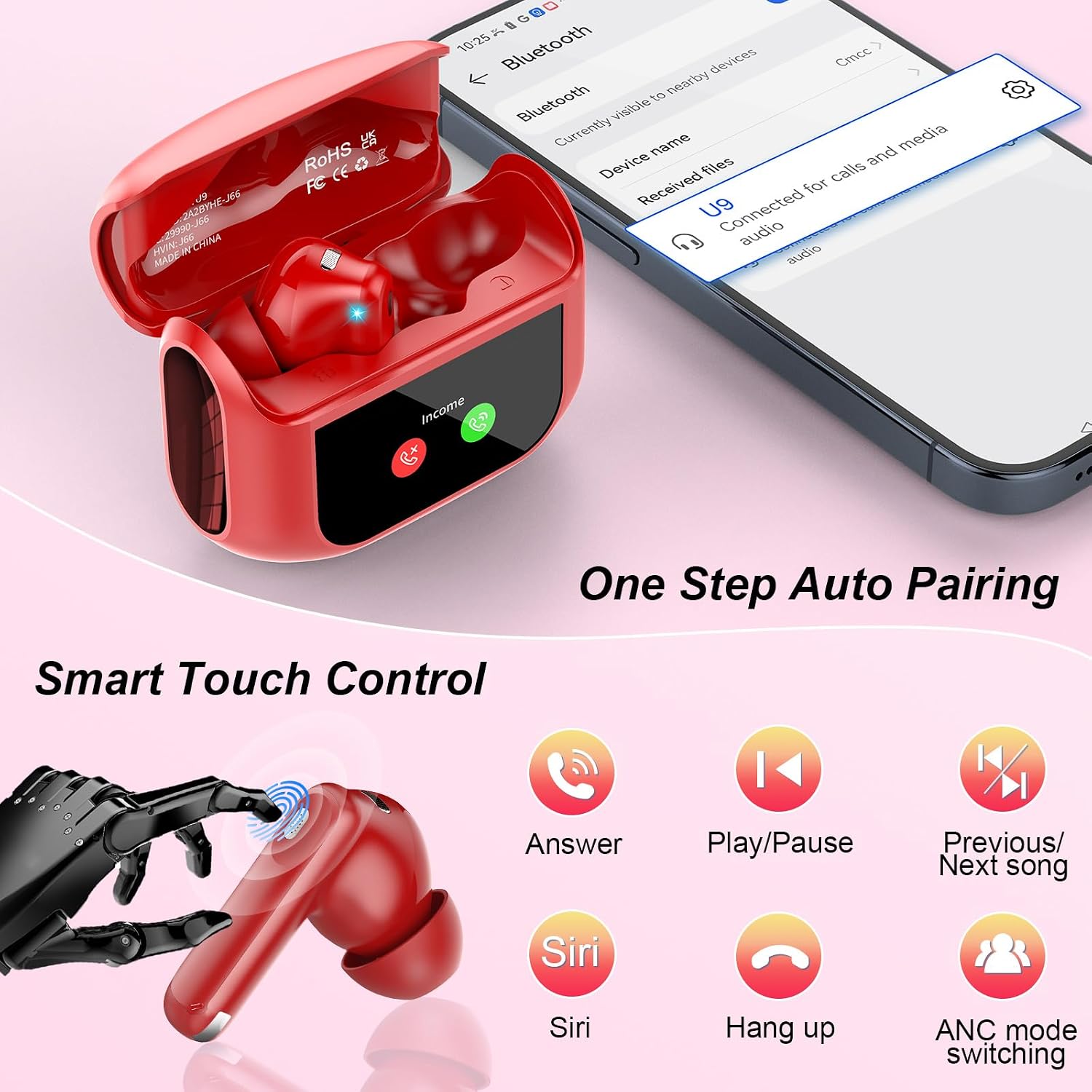 Thumbnail 5 de QXUFV Wireless Earbuds with Smart Touch Screen, ANC, Bluetooth 5.4, IP7, 40H Playtime