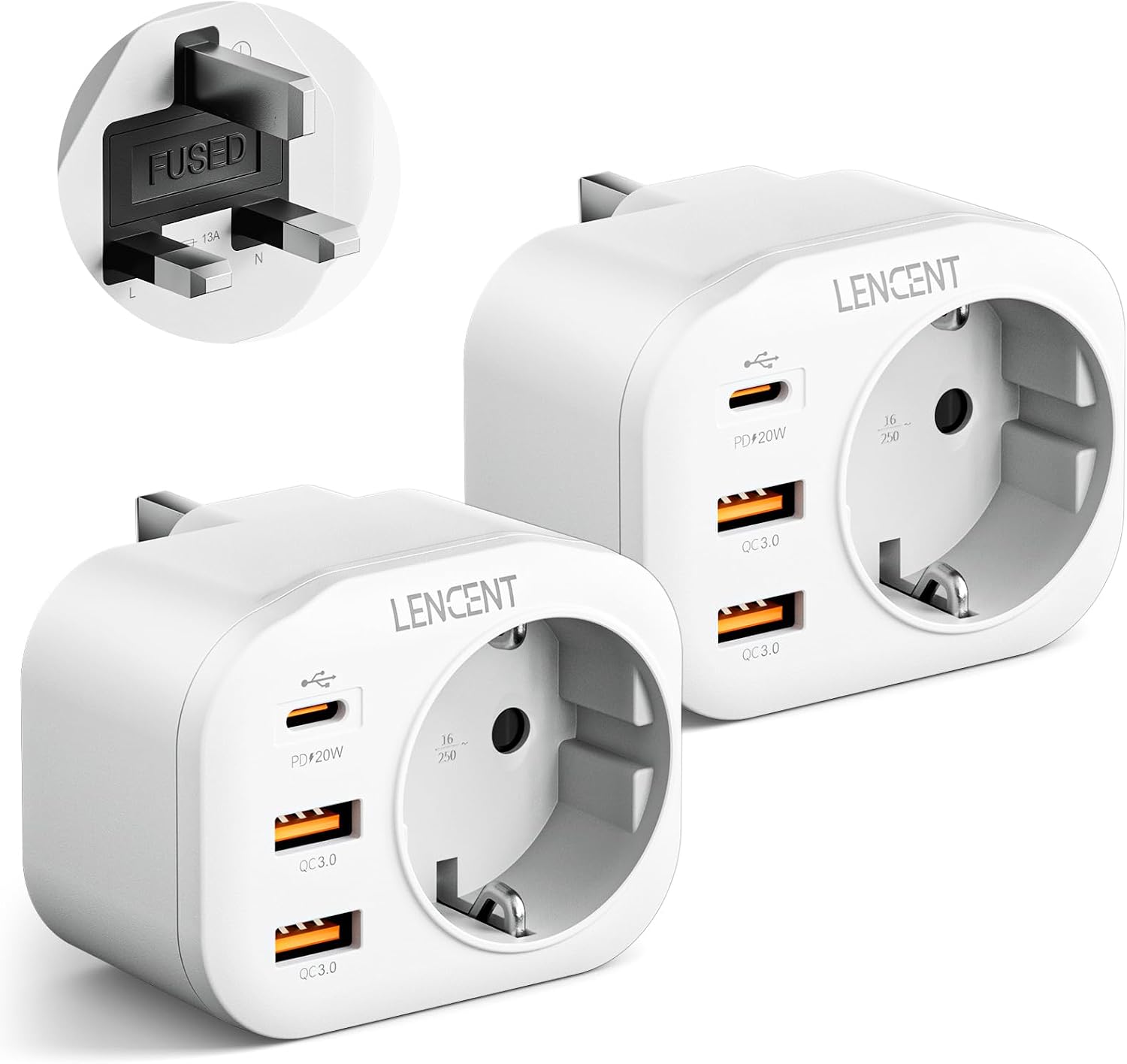 Detalle de LENCENT Reiseadapter UK – 4-in-1 Typ-G Stecker mit 2 USB-C PD/ QC3.0 Anschlüssen (2er Set)