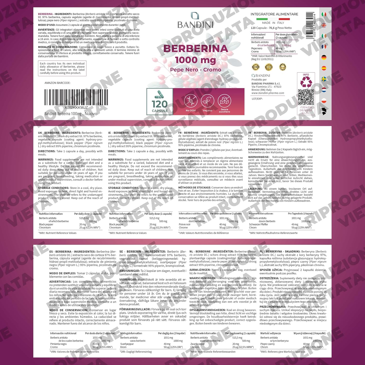 Detalle 1 de Bandini Berberine 1000 mg, 120 veganistische capsules met chroom en zwarte peper