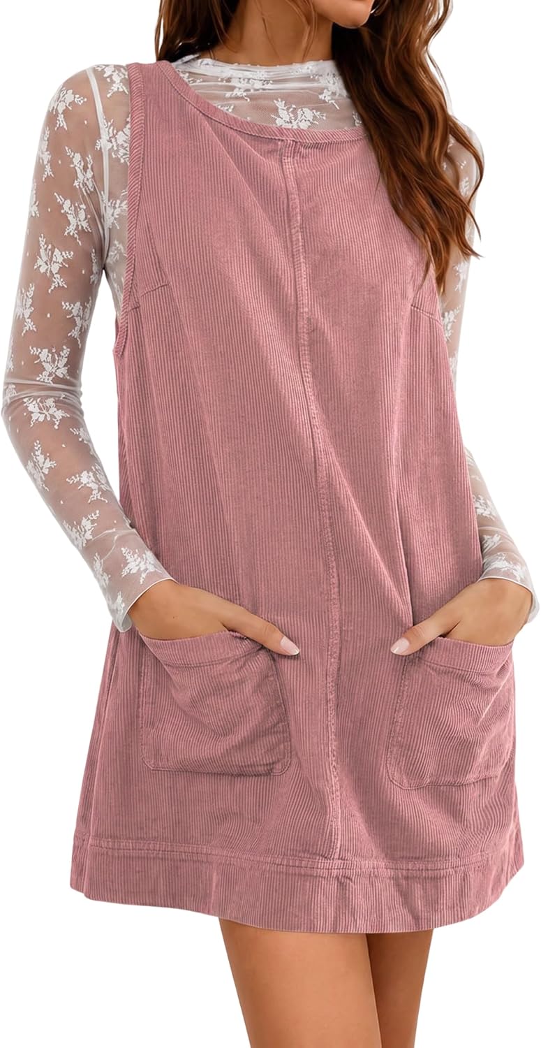 Detalle de Hooever Women's Corduroy Pinafore Mini Dress with Front Pockets