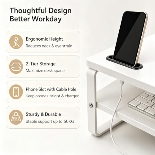 Detalle de DOMSHOCT Monitor Stand Riser with Phone Holder — 2 Tier Ergonomic Desk Accessory