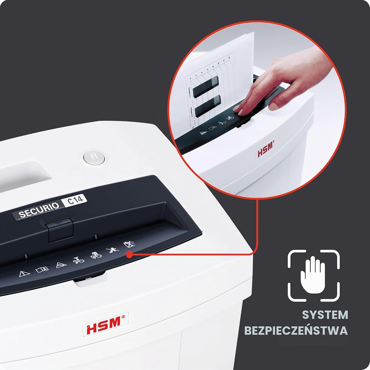 Detalle de HSM SECURIO C14 2253111 – niszczarka P-4, ścinki 4 × 25 mm, kosz 20 l