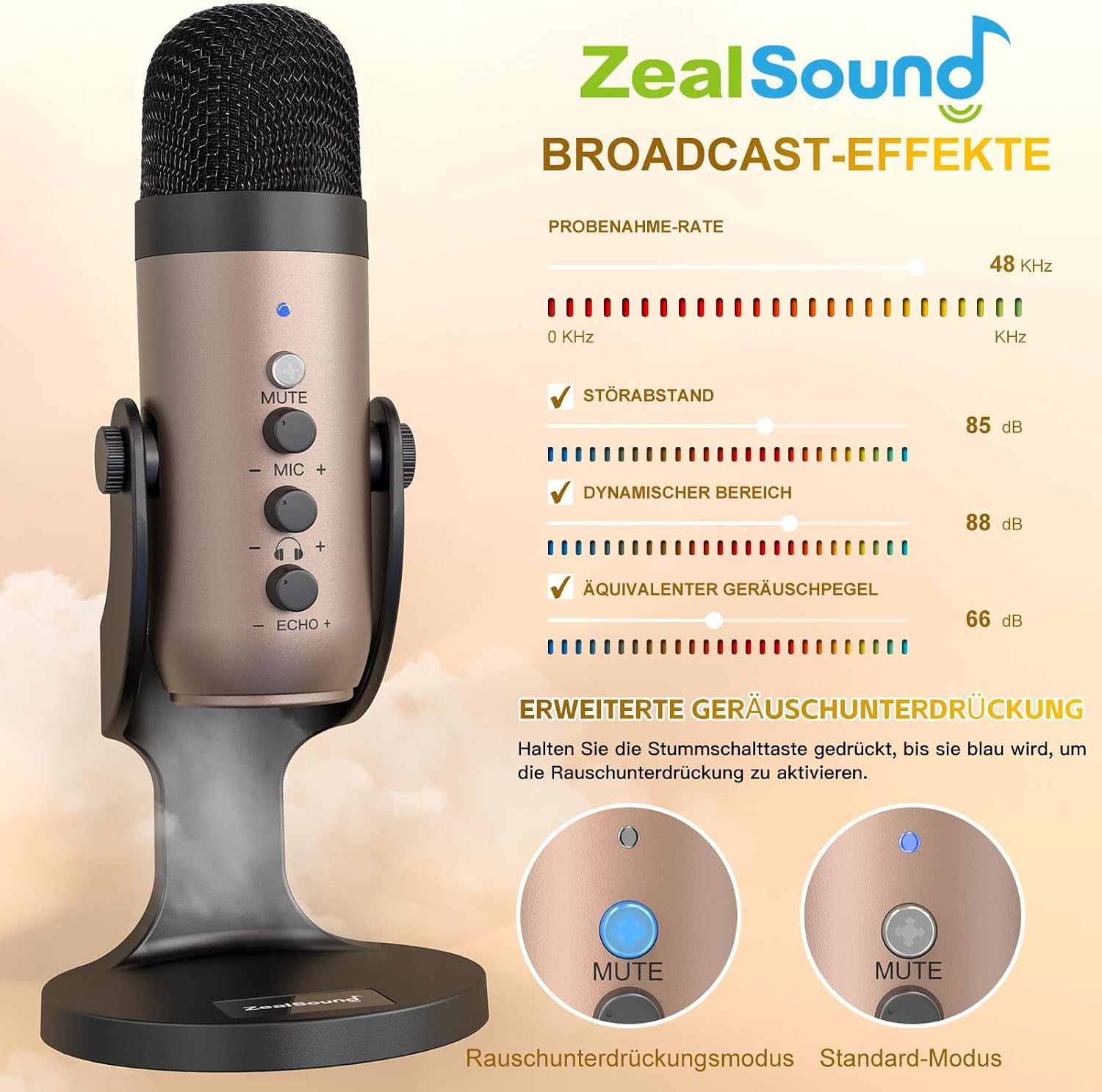 Detalle de ZealSound K66 USB Kondensator-Mikrofon – Gold, Plug & Play für PC, Laptop, Handy